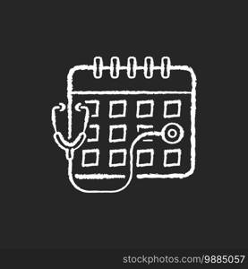 Consultation time chalk white icon on black background. Primary care doctor visit. Physician workload. Clinical examination time length. Medical advice. Isolated vector chalkboard illustration. Consultation time chalk white icon on black background