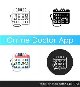 Consultation time icon. Primary care doctor visit. Physician workload. Clinical examination time length. Medical advice. Linear black and RGB color styles. Isolated vector illustrations. Consultation time icon