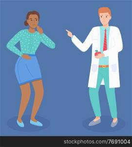 Consultation with doctor. African woman patient talking with dentist. Stomatologist holding apple discussing teeth pain of patient. Checking health in doctor. Cartoon characters isolated flat style. Consultation with doctor, african woman patient talking with doctor, physician holding apple