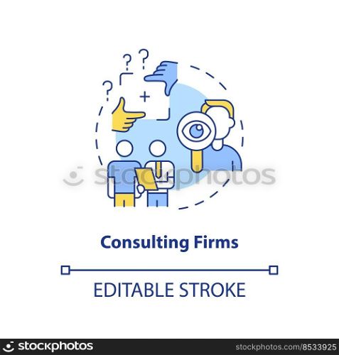 Consulting firms concept icon. New business sponsorship type abstract idea thin line illustration. Problem solving. Isolated outline drawing. Editable stroke. Arial, Myriad Pro-Bold fonts used. Consulting firms concept icon