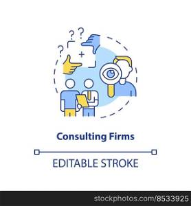 Consulting firms concept icon. New business sponsorship type abstract idea thin line illustration. Problem solving. Isolated outline drawing. Editable stroke. Arial, Myriad Pro-Bold fonts used. Consulting firms concept icon
