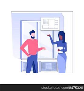 Consulting interior designer isolated concept vector illustration. Customer talking with interior designer in empty space, private house project discussion, repair service vector concept.. Consulting interior designer isolated concept vector illustration.