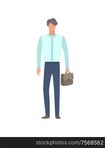 Consulting manager in flat design cartoon style vector person with portfolio briefcase. Financial analytic with male bag isolated on white, banking worker. Consulting Manager in Flat Cartoon Style Vector