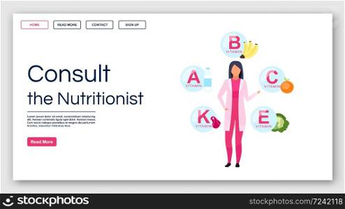 Consulting nutritionist landing page vector template. Dietitian recommendations website interface idea with flat illustrations. Vitamin balance homepage layout. Web banner, webpage cartoon concept
