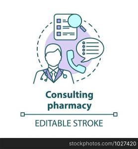 Consulting pharmacy concept icon. Doctor medical consultation idea thin line illustration. Professional pharmacist. Prescription, medicine advice. Vector isolated outline drawing. Editable stroke