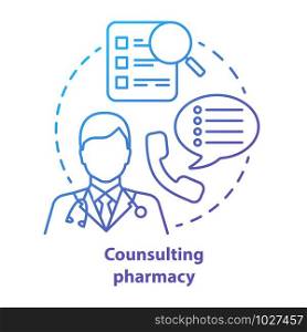 Consulting pharmacy concept icon. Doctor medical consultation idea thin line illustration. Professional pharmacist. Prescription, medicine advice. Vector isolated outline drawing