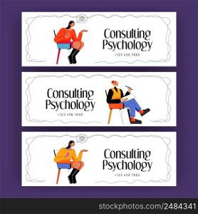 Consulting psychology banners. Depressed woman client with tangled thoughts talk with psychologist of problems. Professional doctor help to patient solve mental issues, Linear flat vector flyers set. Consulting psychology, professional doctor help
