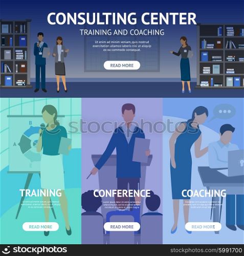 Consulting Service Center Banners. Banners set of scenes advertising consulting center work like business training conference and coaching flat vector illustration