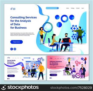 Consulting services analysis of business data vector. Social media marketing, software workflow solutions management. People working on pc laptops. Consulting services analysis of business data