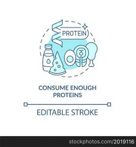 Consume enough proteins blue concept icon. Pregnancy diet abstract idea thin line illustration. Support postnatal growth. Meat, dairy products. Vector isolated outline color drawing. Editable stroke. Consume enough proteins blue concept icon