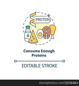 Consume enough proteins concept icon. Pregnancy diet abstract idea thin line illustration. Food with essential nutrients. Meat, dairy products. Vector isolated outline color drawing. Editable stroke. Consume enough proteins concept icon
