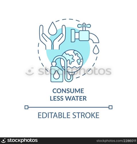 Consume less water turquoise concept icon. Natural resource protection abstract idea thin line illustration. Isolated outline drawing. Editable stroke. Arial, Myriad Pro-Bold fonts used. Consume less water turquoise concept icon