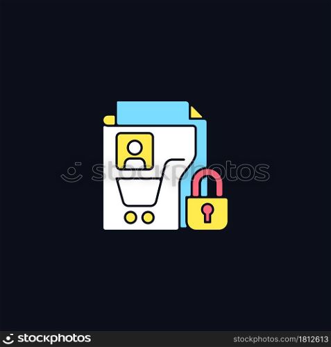 Consumer data privacy RGB color icon for dark theme. Safeguarding buyers. Customer protection. Isolated vector illustration on night mode background. Simple filled line drawing on black. Consumer data privacy RGB color icon for dark theme
