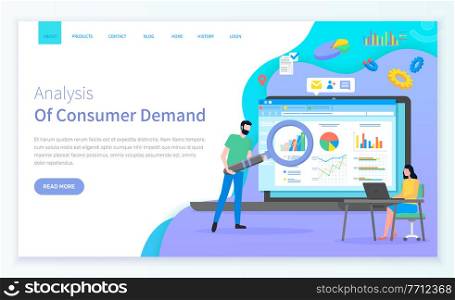 Consumer demand site template. Young woman sits at laptop. Bearded man with cartoon giant magnifying glass. Large page with analytic data, colorful chart bar, consumer research. Attract customers. Landing page consumer demand site. Analysis customer demand, cartoon researchers. Magnifier, charts