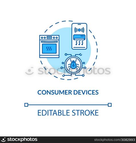 Consumer devices concept icon. Wireless network connectivity idea thin line illustration. Cybersecurity weaknesses. Home electronics. Vector isolated outline RGB color drawing. Editable stroke. Consumer devices concept icon