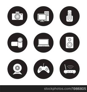 Consumer electronics black icons set. Desktop digital devices white silhouettes illustrations. Pc with monitor and laptop round symbols. Video and photo cameras. Vector infographics elements. Consumer electronics black icons set