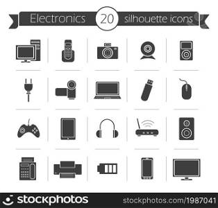 Consumer electronics black silhouette icons set. Digital devices shop vector pictograms isolated on white. Consumer electronics black silhouette icons set