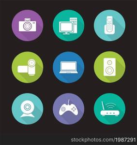 Consumer electronics flat design icons set. Desktop digital devices long shadow symbols. Modern house appliances items. Wifi router and webcam silhouette illustrations. Vector infographics elements. Consumer electronics flat design icons set