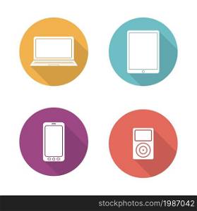 Consumer electronics flat design icons set. Laptop and tablet pc white silhouette illustrations on color circles. Smartphone and mp3 player long shadow round symbols. Vector infographics elements. Consumer electronics flat design icons set