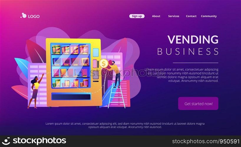 Consumer inserts dollar coin into vending machine and buys snacks and drink. Vending machine service, vending business, self-service machine concept. Website vibrant violet landing web page template.. Vending machine service concept landing page.
