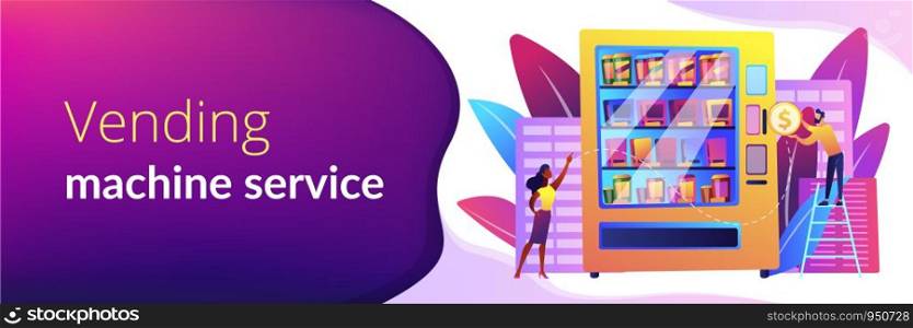 Consumer inserts dollar coin into vending machine and buys snacks and drink. Vending machine service, vending business, self-service machine concept. Header or footer banner template with copy space.. Vending machine service concept banner header.