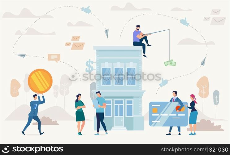 Consumer Loan, Financing Small Business, Startup Investment Flat Vector Concept. Entrepreneur with Tablet Standing near Bank Building, Banker and Financial Advisers Trying to Catch Client Illustration