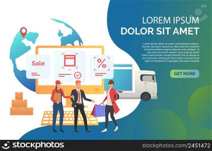 Consumer ordering goods in internet store. Sales agent, courier, shopper with bags. Online shop concept. Vector illustration can be used for topics like consulting, shopping, special offer