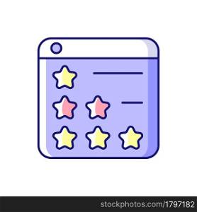 Consumer review networks RGB color icon. Publishing customer feedback for businesses. Reviewing products, services. Affect purchase decisions. Isolated vector illustration. Simple filled line drawing. Consumer review networks RGB color icon