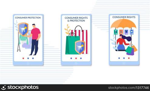 Consumer Rights and Protection Mobile Service. Social Media Application Webpage Set Offering Customer Support and Help in Problem Situation, Conflict between Seller and Shopper. Vector Illustration. Consumer Rights and Protection Mobile Service Set