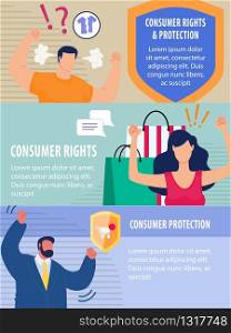 Consumer Rights and Protection. Online Services Offering Help and Support for People Doing Internet Shopping. Header Banners Flat Set. Cartoon Angry Furious Customers Character. Vector Illustration. Consumer Rights and Protection Header Banners Set