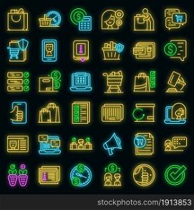 Consumer rights icons set. Outline set of consumer rights vector icons neon color on black. Consumer rights icons set vector neon