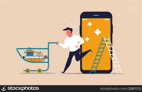 Consumer shop online store with cart and gift box. Phone apps business buy commerce concept vector illustration market. Character shopping with trolley and smartphone wireless service