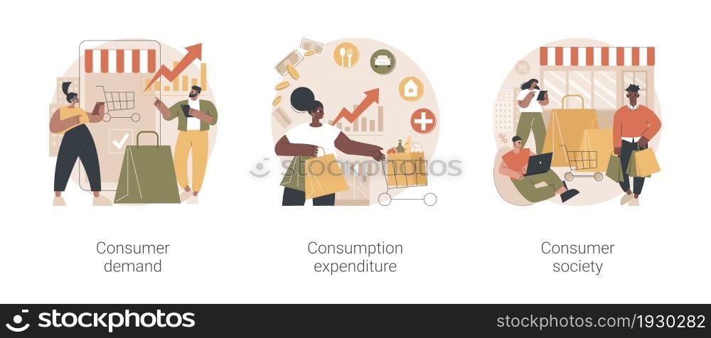 Consumer society abstract concept vector illustration set. Consumer demand, consumption expenditure, customer decision, retail marketing, household budget, shopaholic, spending abstract metaphor.. Consumer society abstract concept vector illustrations.