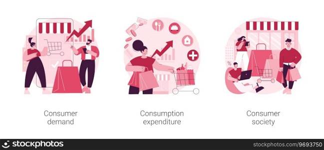 Consumer society abstract concept vector illustration set. Consumer demand, consumption expenditure, customer decision, retail marketing, household budget, shopaholic, spending abstract metaphor.. Consumer society abstract concept vector illustrations.
