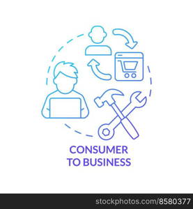 Consumer to business blue gradient concept icon. Client provides professional service. C2B model abstract idea thin line illustration. Isolated outline drawing. Myriad Pro-Bold font used. Consumer to business blue gradient concept icon