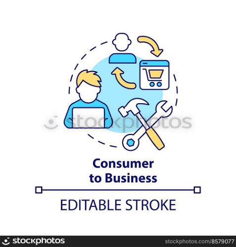 Consumer to business concept icon. Client provides professional service. C2B model abstract idea thin line illustration. Isolated outline drawing. Editable stroke. Arial, Myriad Pro-Bold fonts used. Consumer to business concept icon