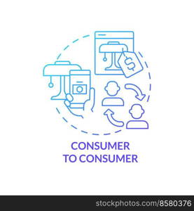 Consumer to consumer blue gradient concept icon. Sales via internet marketplace. Business model abstract idea thin line illustration. Isolated outline drawing. Myriad Pro-Bold font used. Consumer to consumer blue gradient concept icon