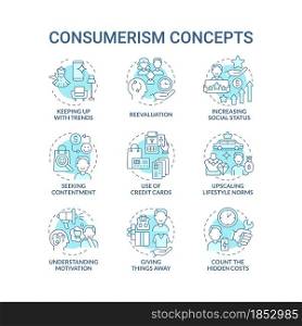 Consumerism blue concept icons set. Mindless purchasing. Reasons to buy more. Spend money. Excessive buying idea thin line color illustrations. Vector isolated outline drawings. Editable stroke. Consumerism blue concept icons set
