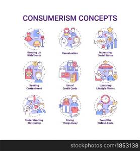 Consumerism concept icons set. Mindless purchasing. Reasons to buy more. Spend money. Excessive buying idea thin line color illustrations. Vector isolated outline drawings. Editable stroke. Consumerism concept icons set