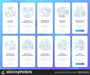Consumerism gradient blue onboarding mobile app page screen set. Excessive buying walkthrough 5 steps graphic instructions with concepts. UI, UX, GUI vector template with linear color illustrations. Consumerism gradient blue onboarding mobile app page screen set