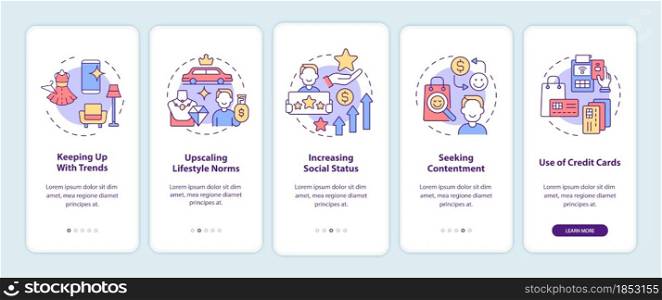 Consumerism motivation onboarding mobile app page screen. Purchasing contentment walkthrough 5 steps graphic instructions with concepts. UI, UX, GUI vector template with linear color illustrations. Consumerism motivation onboarding mobile app page screen