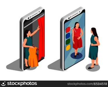 Consumers isometric set with fitting room and smartphone isolated vector illustration. Consumers Isometric Set