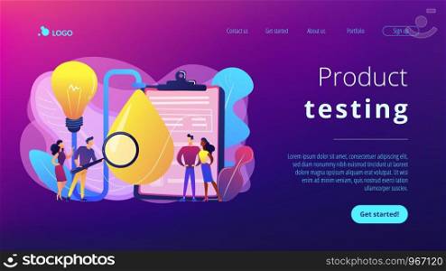 Consumers with magnifier testing new product properties. Product testing, customer needs identification, market research studies concept. Website vibrant violet landing web page template.. Product testing concept landing page.