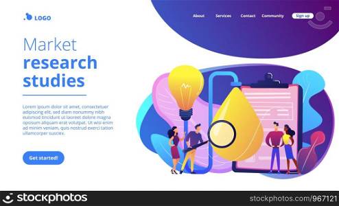 Consumers with magnifier testing new product properties. Product testing, customer needs identification, market research studies concept. Website vibrant violet landing web page template.. Product testing concept landing page.