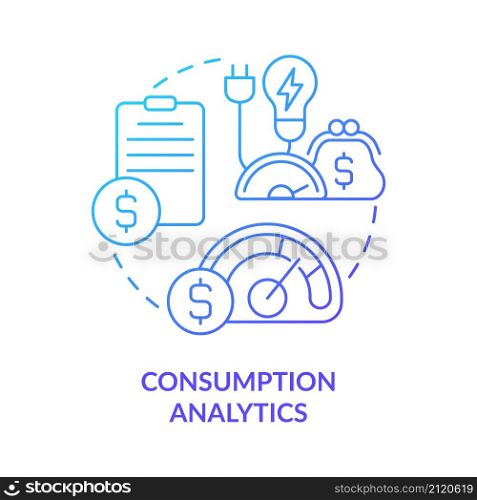 Consumption analytics blue gradient concept icon. Possibilities of smart grid system abstract idea thin line illustration. Isolated outline drawing. Roboto-Medium, Myriad Pro-Bold fonts used. Consumption analytics blue gradient concept icon