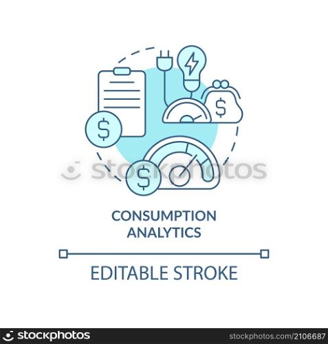 Consumption analytics turquoise concept icon. Smart grid possibilities abstract idea thin line illustration. Isolated outline drawing. Editable stroke. Roboto-Medium, Myriad Pro-Bold fonts used. Consumption analytics turquoise concept icon