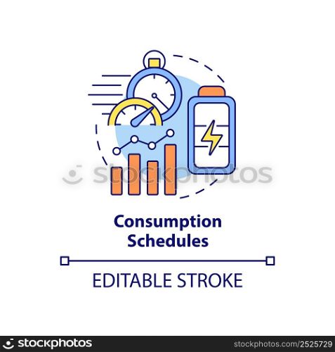 Consumption schedules concept icon. Energy strategy keystone abstract idea thin line illustration. Use demand response. Isolated outline drawing. Editable stroke. Arial, Myriad Pro-Bold fonts used. Consumption schedules concept icon