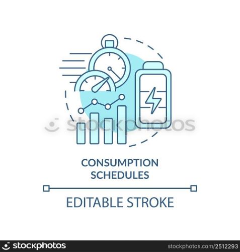 Consumption schedules turquoise concept icon. Energy strategy keystone abstract idea thin line illustration. Isolated outline drawing. Editable stroke. Arial, Myriad Pro-Bold fonts used. Consumption schedules turquoise concept icon