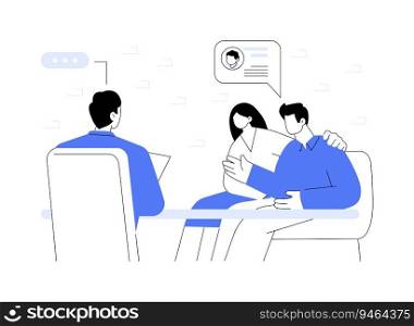 Contact adoption service provider abstract concept vector illustration. Family talking with orphan adoption advisor, accredited agency, bureaucracy industry, government work abstract metaphor.. Contact adoption service provider abstract concept vector illustration.