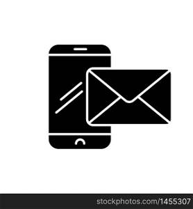 Contact black glyph icon. Receive message on phone. Send email from smartphone. Texting with social media. Online communication. Silhouette symbol on white space. Vector isolated illustration. Contact black glyph icon